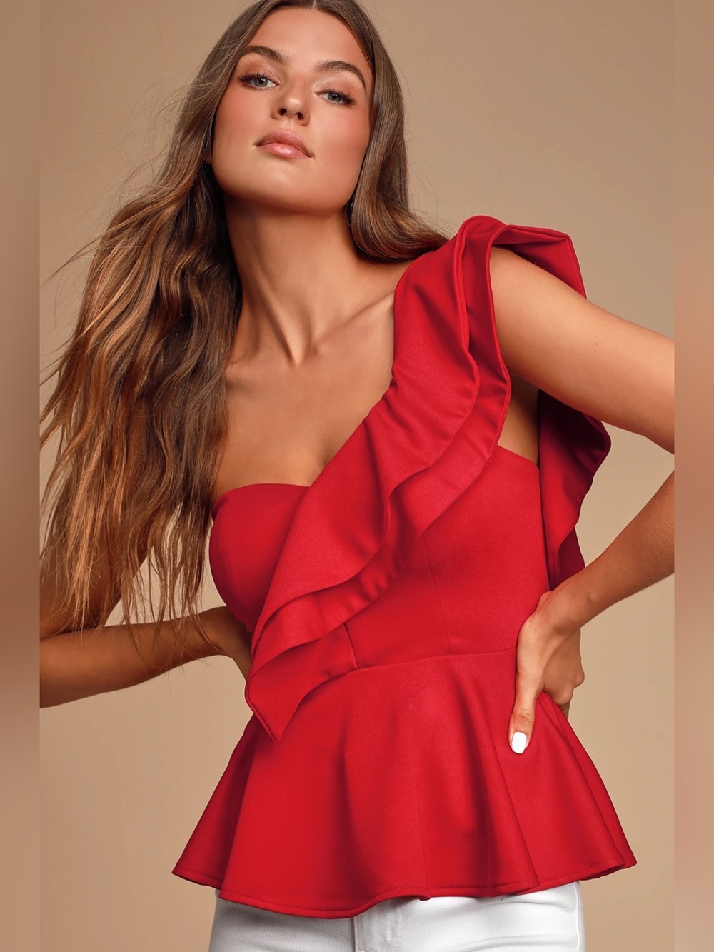 Lulus Gas Up Red One-shoulder Ruffled Peplum Top - Size L